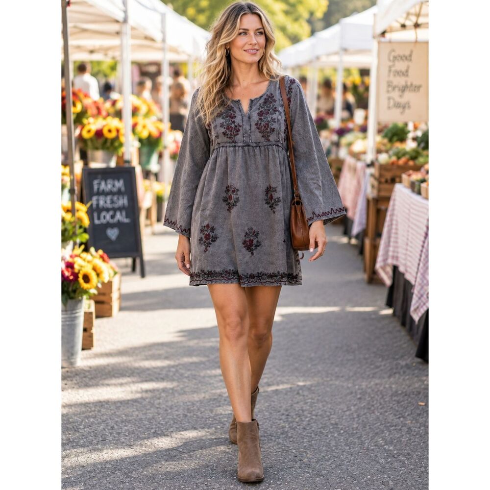 S.R. Fashion Black/Gray V-Neck Floral Embroidered Bohemian Tunic Dress Size XL